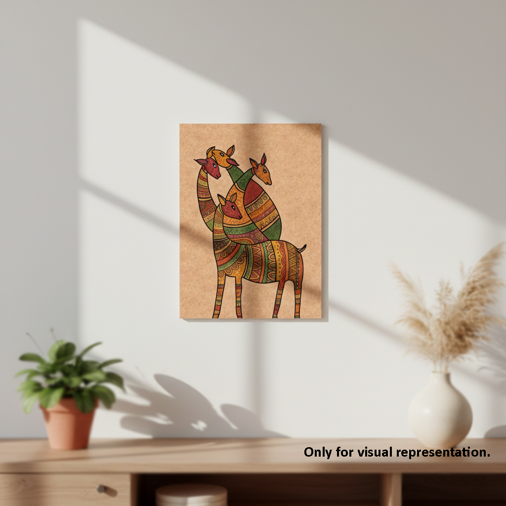 MDF DIY wall art Colorful abstract art of two animals on a beige background, displayed on a wall.