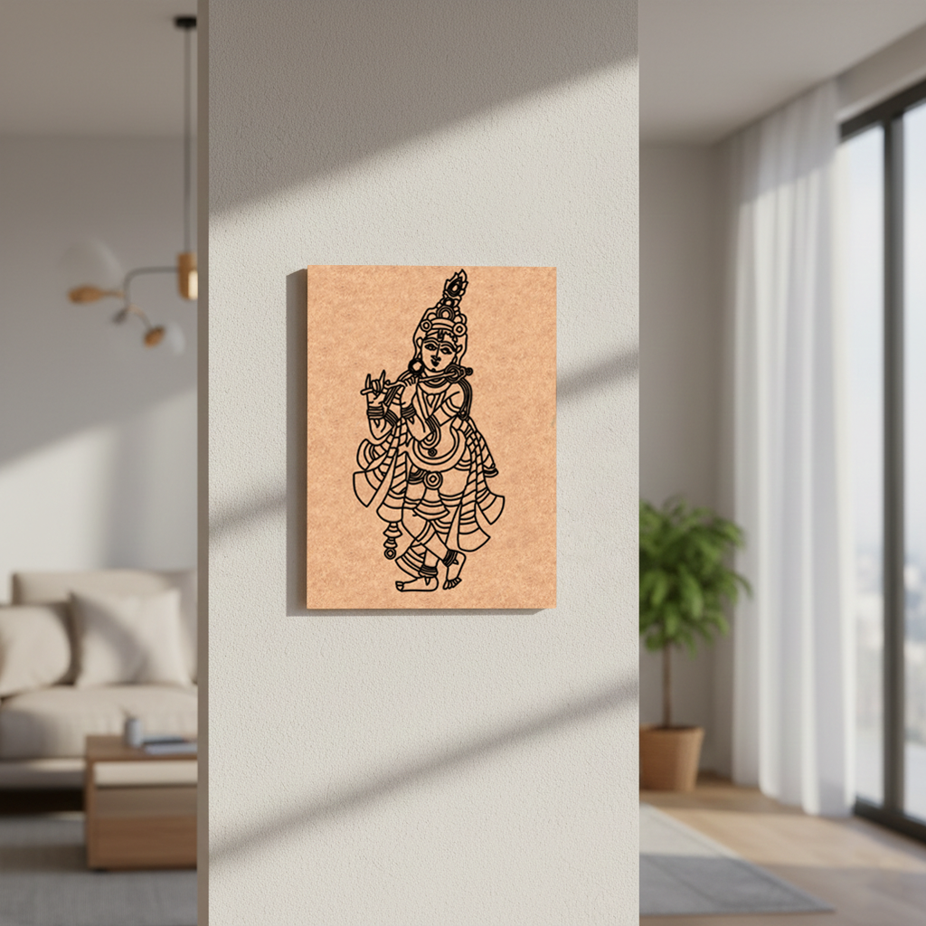 MDF DIY Canvas print of a black ink illustration of a deity on a beige background, displayed in a modern living room.