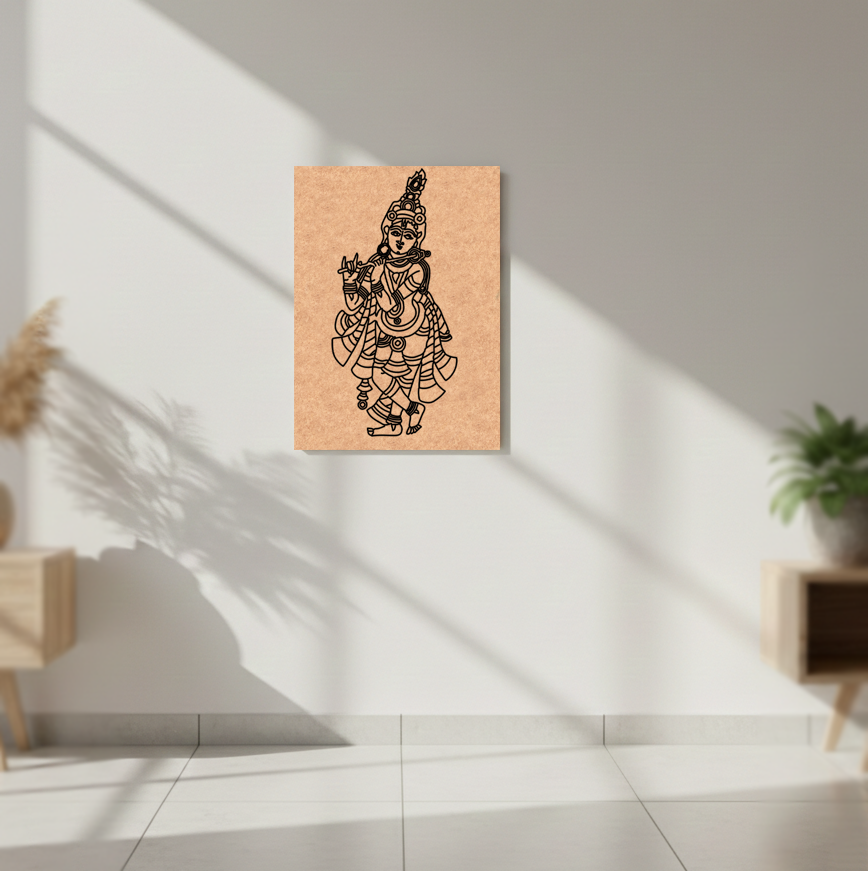 Decorative MDF DIY wall art of a traditional figure on a cork board in a modern room.