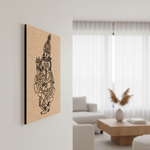 Decorative MDF DIY wall art of a traditional figure on a beige background in a living room.