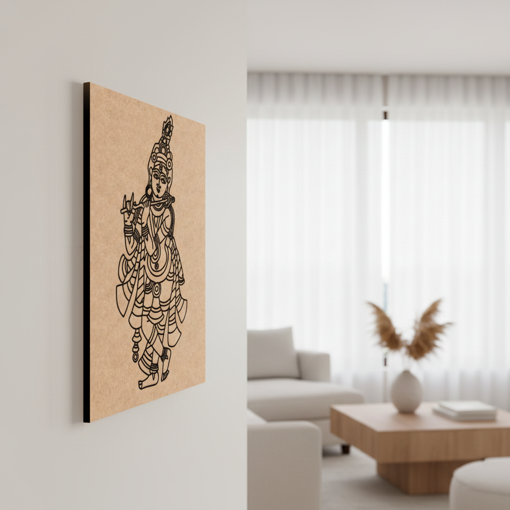 Decorative MDF DIY wall art of a traditional figure on a beige background in a living room.