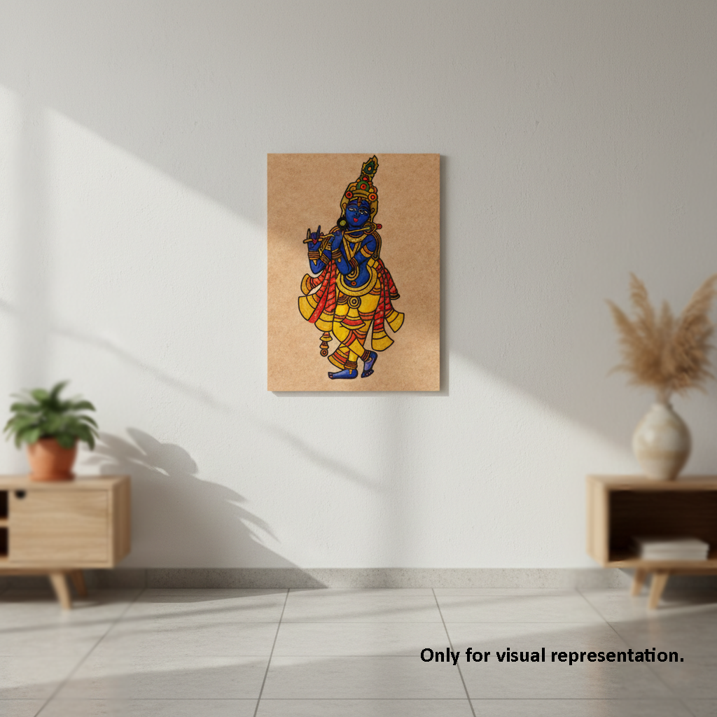 Colorful depiction of a deity on a mdf board in a minimalistic room.