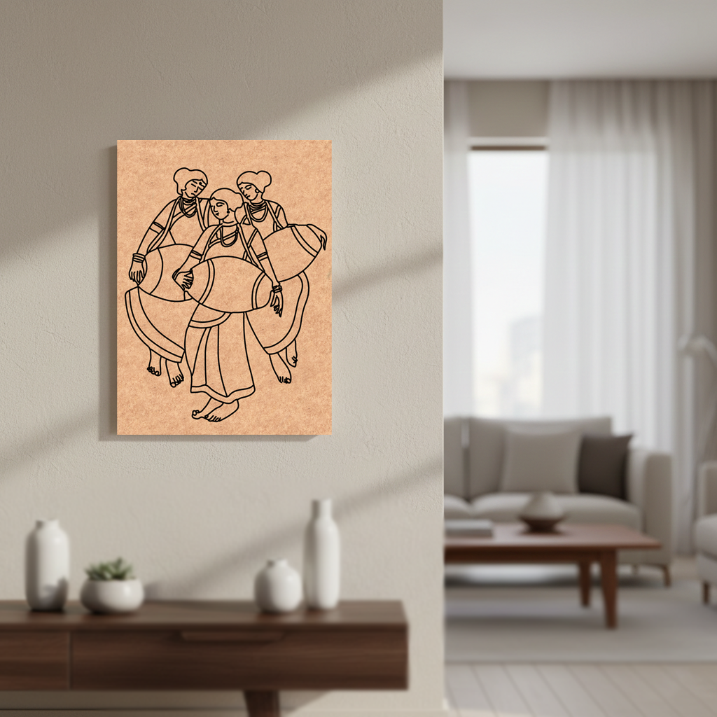 MDF DIY wall art of a stylized drawing of three people on a beige wall in a living room.