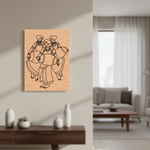 MDF DIY wall art of a stylized drawing of three people on a beige wall in a living room.