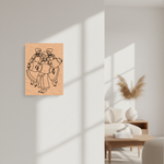 MDF DIY  Minimalist line art of three people on a wooden panel against a light wall.