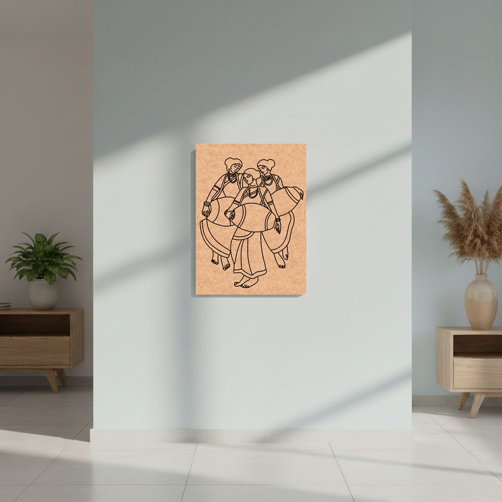 Minimalist MDF DIY line art of two people with a horse on a wooden panel in a modern interior setting.