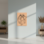 Minimalist MDF DIY line art of two people with a horse on a wooden panel in a modern interior setting.