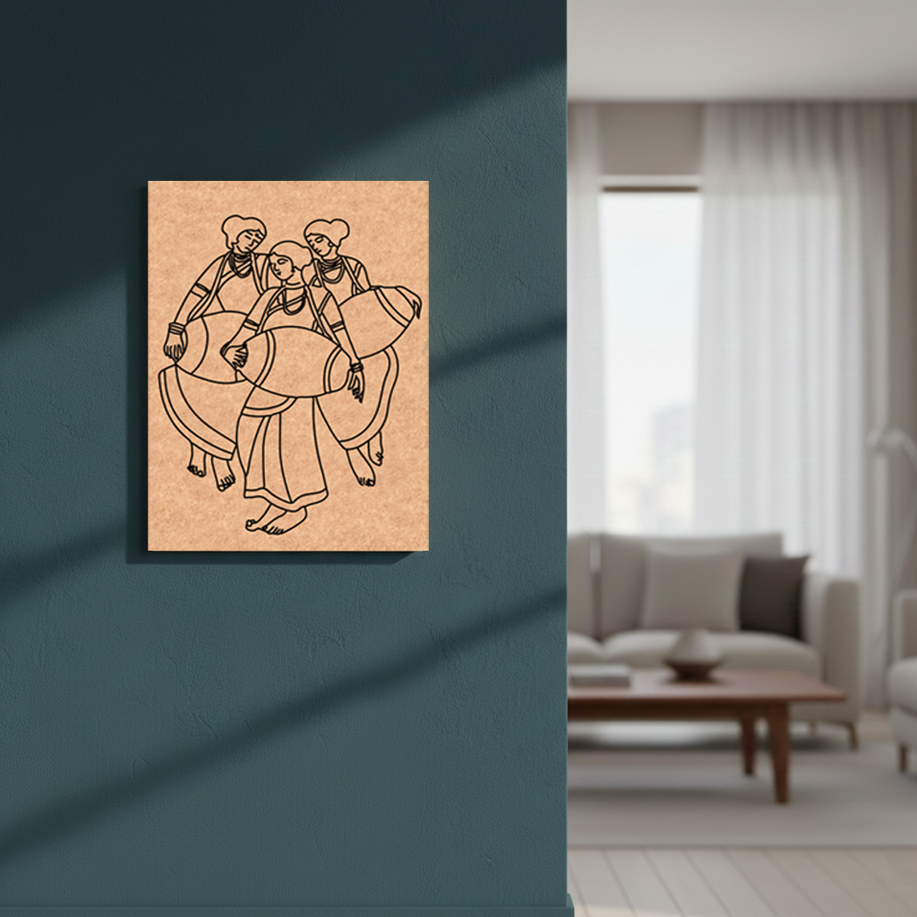 MDF DIY  Framed artwork of three women dancing on a wall in a living room.