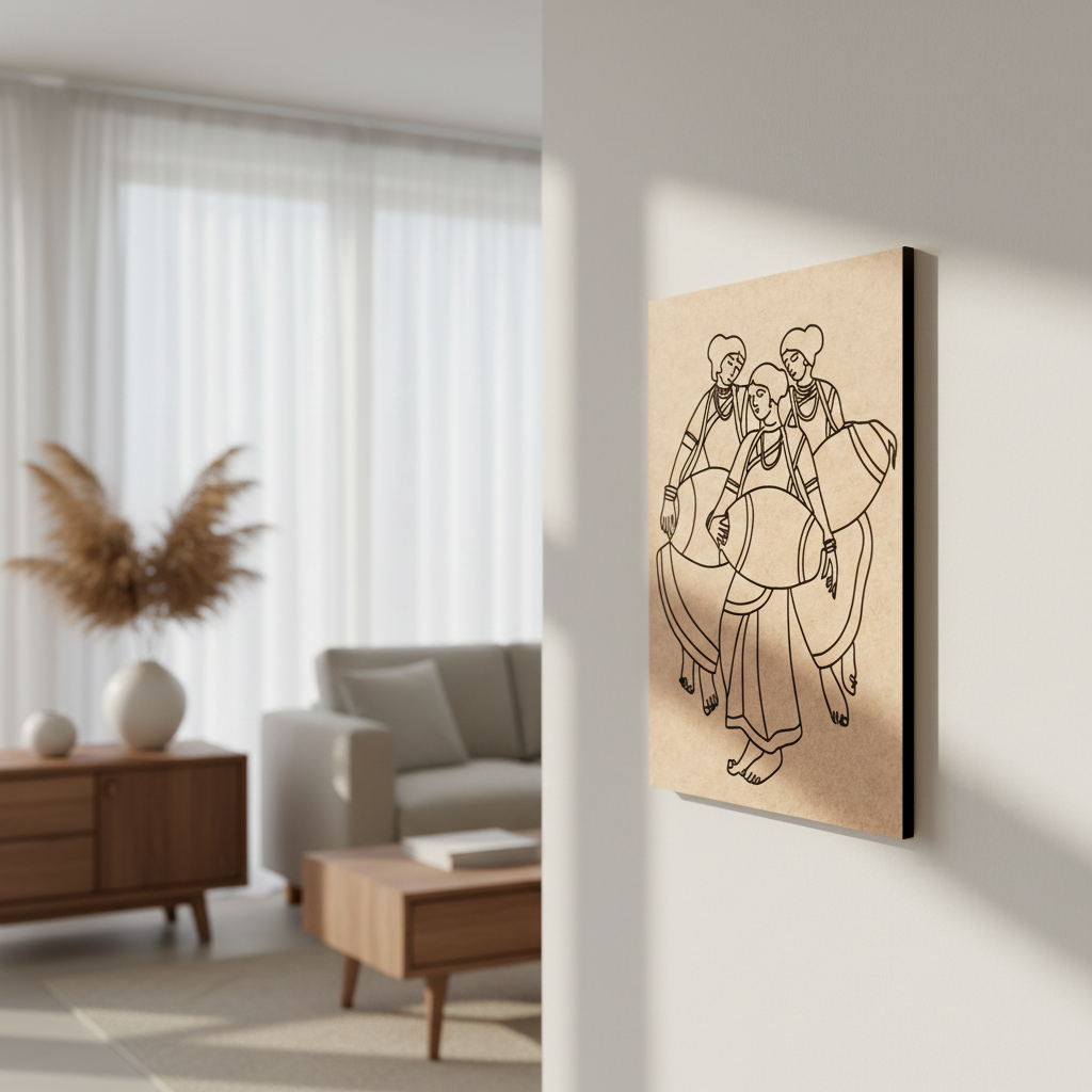 MDF DIY wall art of a three lady on a horse in a modern living room.