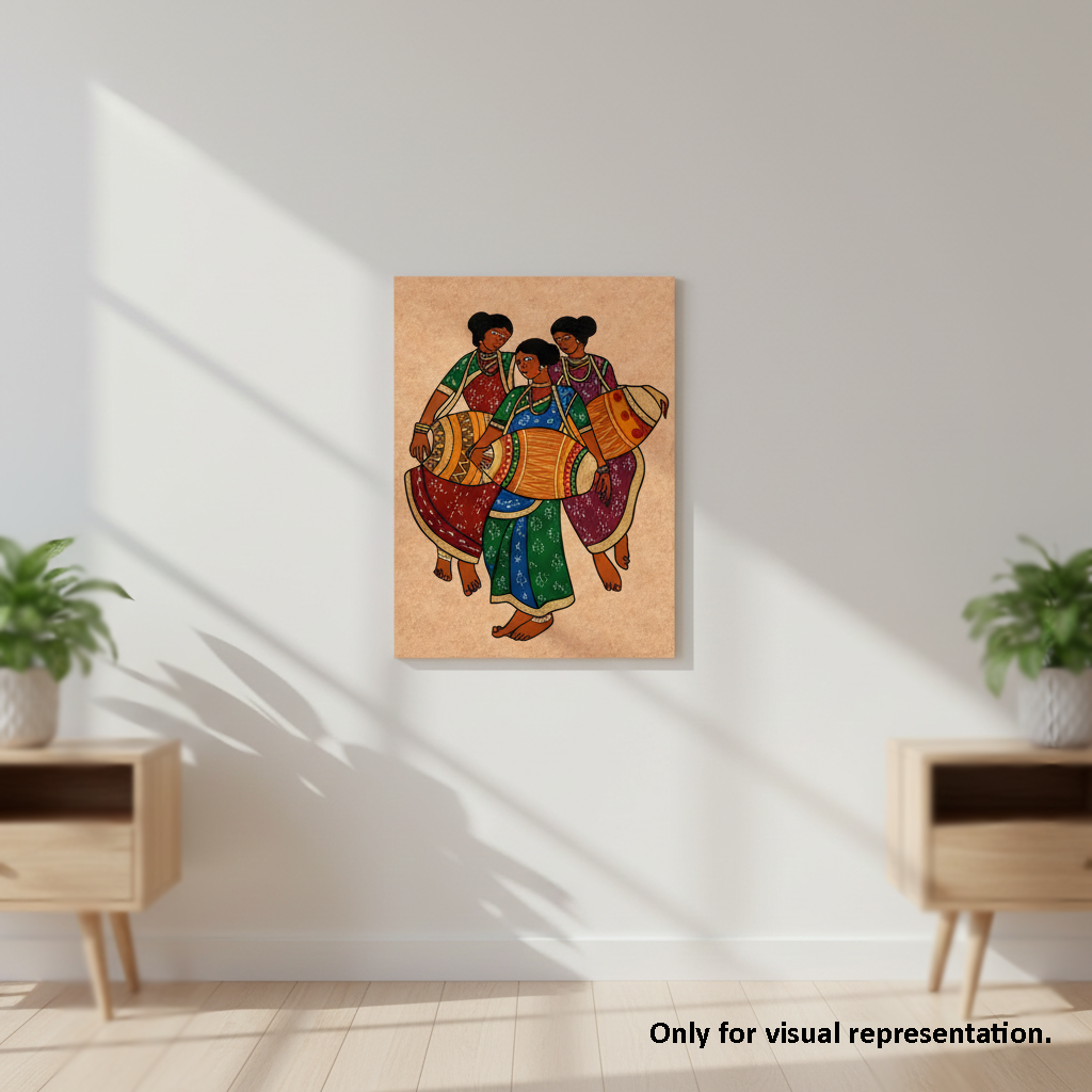 MDF DIY Canvas print of three people playing drums on a wall in a room with wooden furniture and plants.
