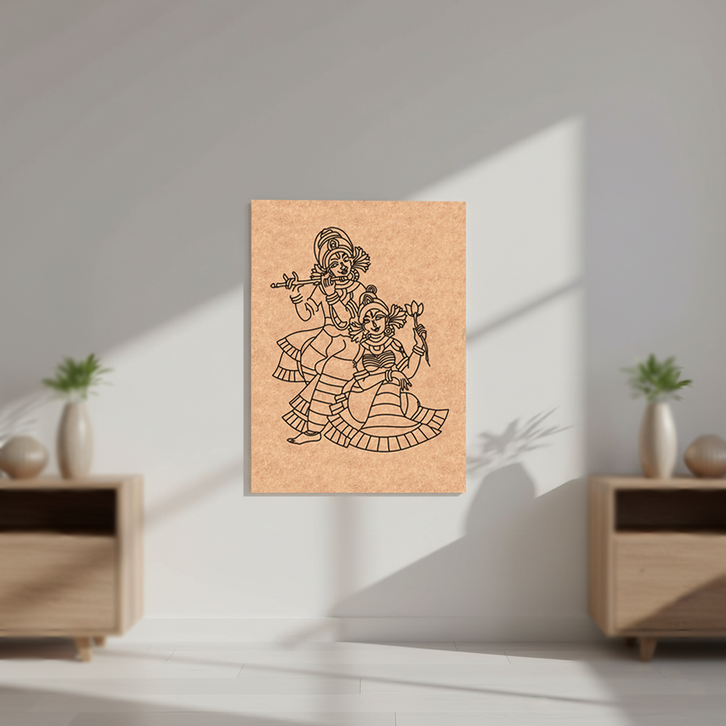 MDF DIY wall art with a black line drawing of two people on a plain wall.