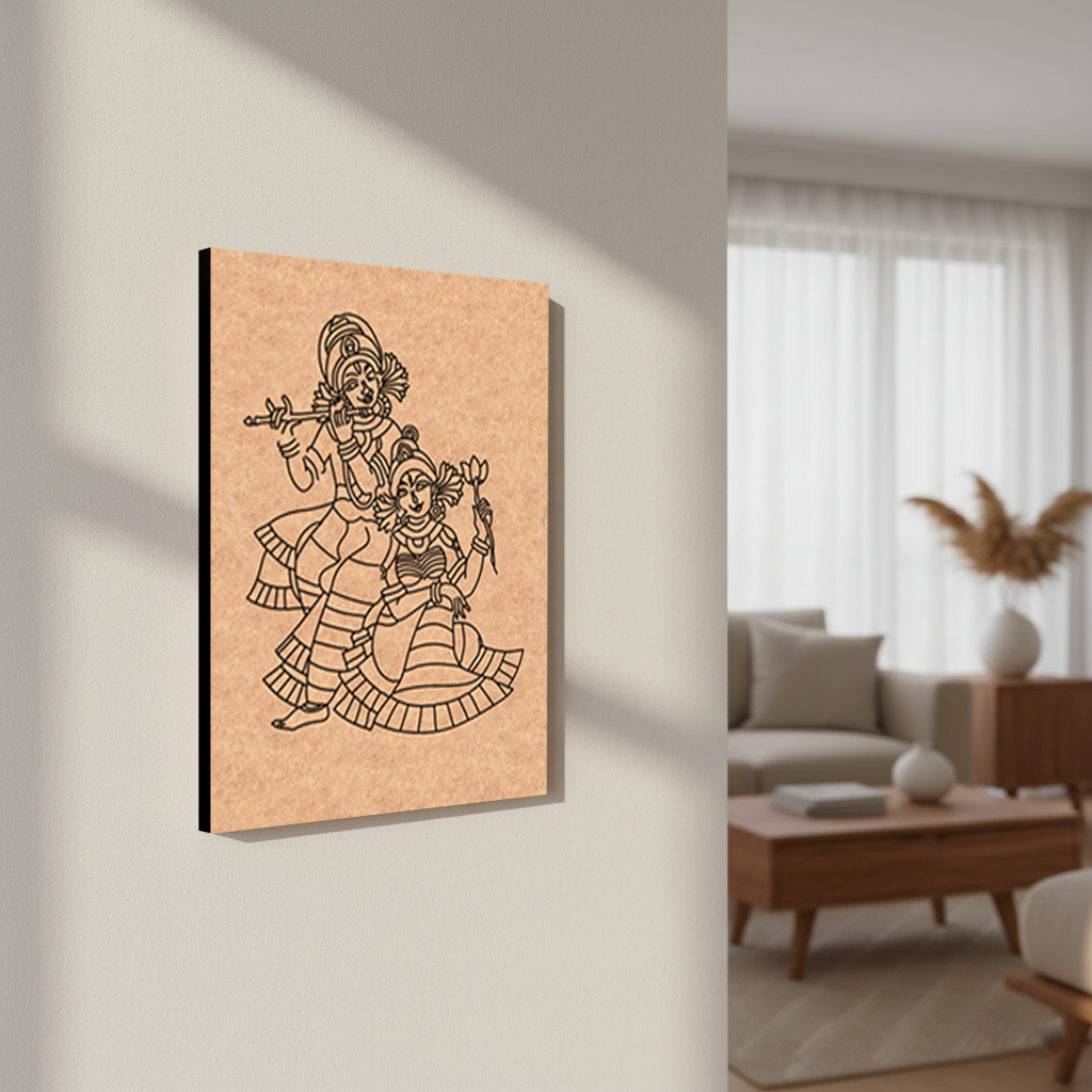 MDF DIY Framed artwork of two figures on a beige wall in a living room.
