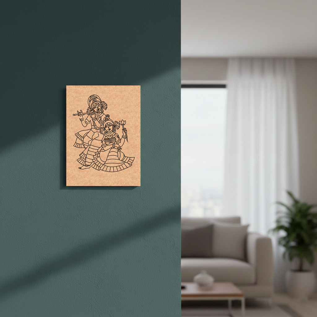 MDF DIY Framed artwork of two people on a teal wall with a living room in the background