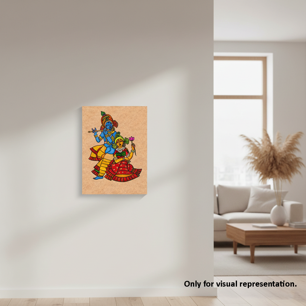 Colorful MDF DIY wall art of two figures on a mdf board in a living room setting.