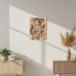 MDF DIY  wall art with a bird design on a white wall in a room with wooden furniture and decor.
