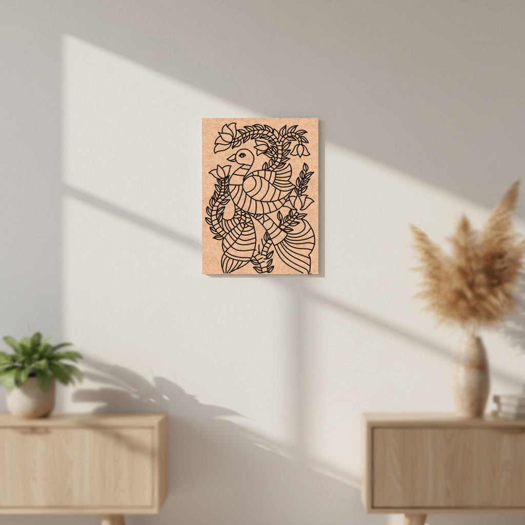 MDF DIY  wall art with a bird design on a white wall in a room with wooden furniture and decor.