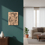 MDF DIY wall art piece on a teal wall with a living room in the background