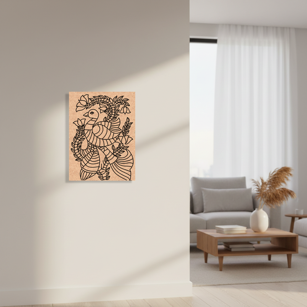 Decorative MDF DIY wall art of a stylized bird on a beige wall in a modern living room.