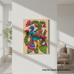 Colorful bird and floral design on a MDF DIY board  in a room with light-colored walls and furniture.