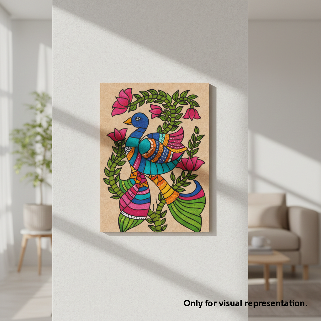 Colorful bird and floral design on a MDF DIY board  in a room with light-colored walls and furniture.