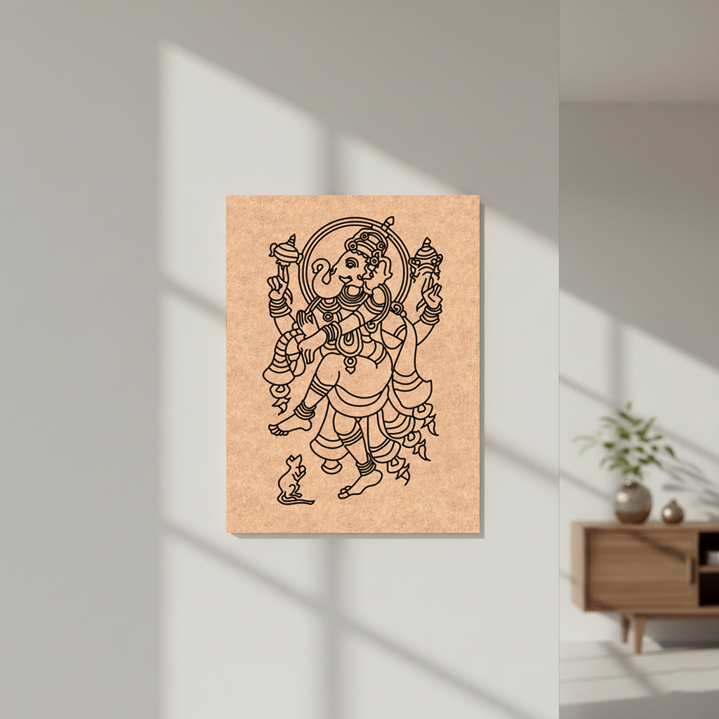  MDF DIY wall art with a black line drawing of a deity on a light gray wall.