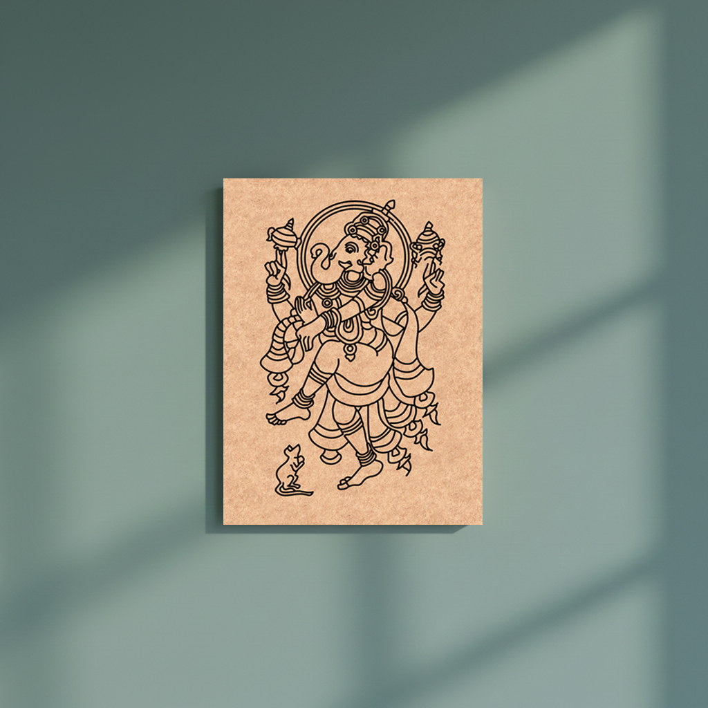 MDF DIY wall art  with a black line drawing of a deity on a green background