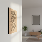Decorative MDF DIY wall art of a traditional figure on a light wood panel, displayed in a modern living room.