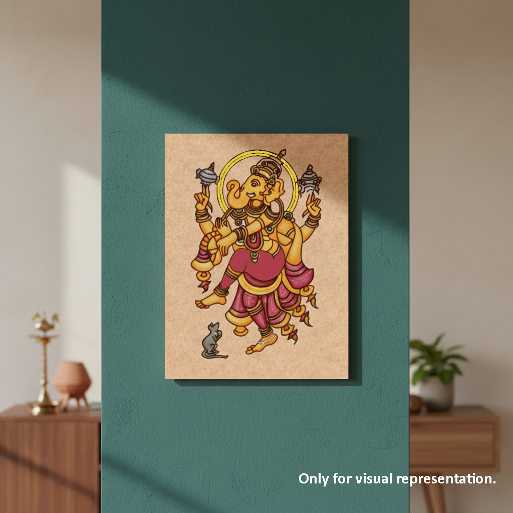 MDF DIY Framed artwork of a colorful deity on a green wall.