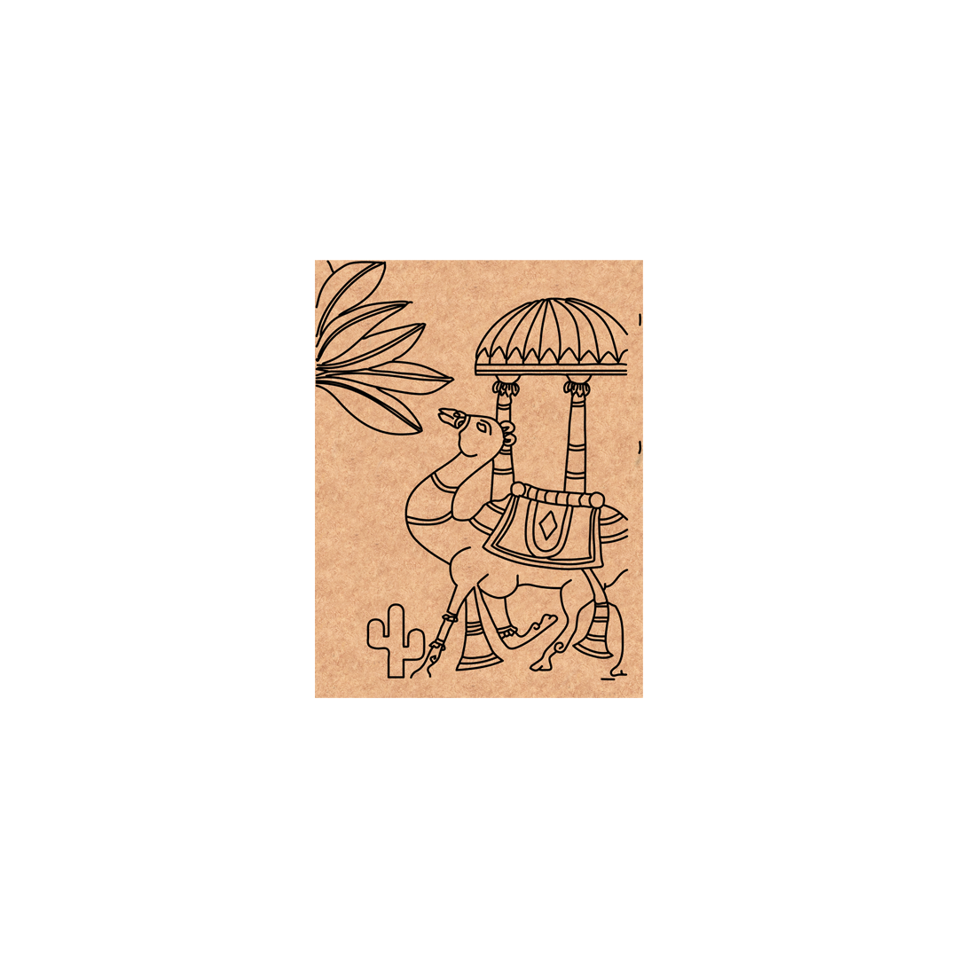 MDF DIY wall art with black line art of a camel carrying an umbrella and palm leaves on a white background