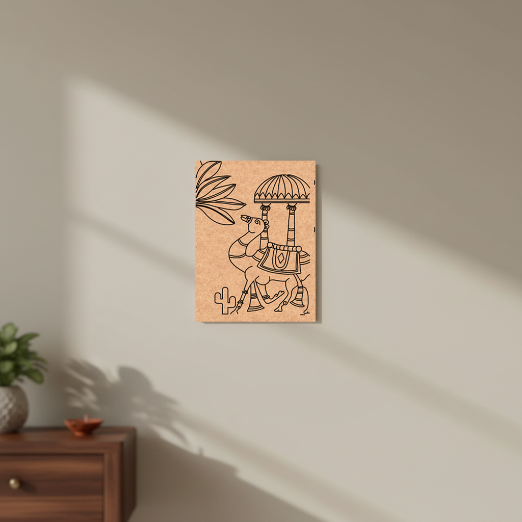 MDF DIY wall art with a deer design holding an umbrella on a beige wall.