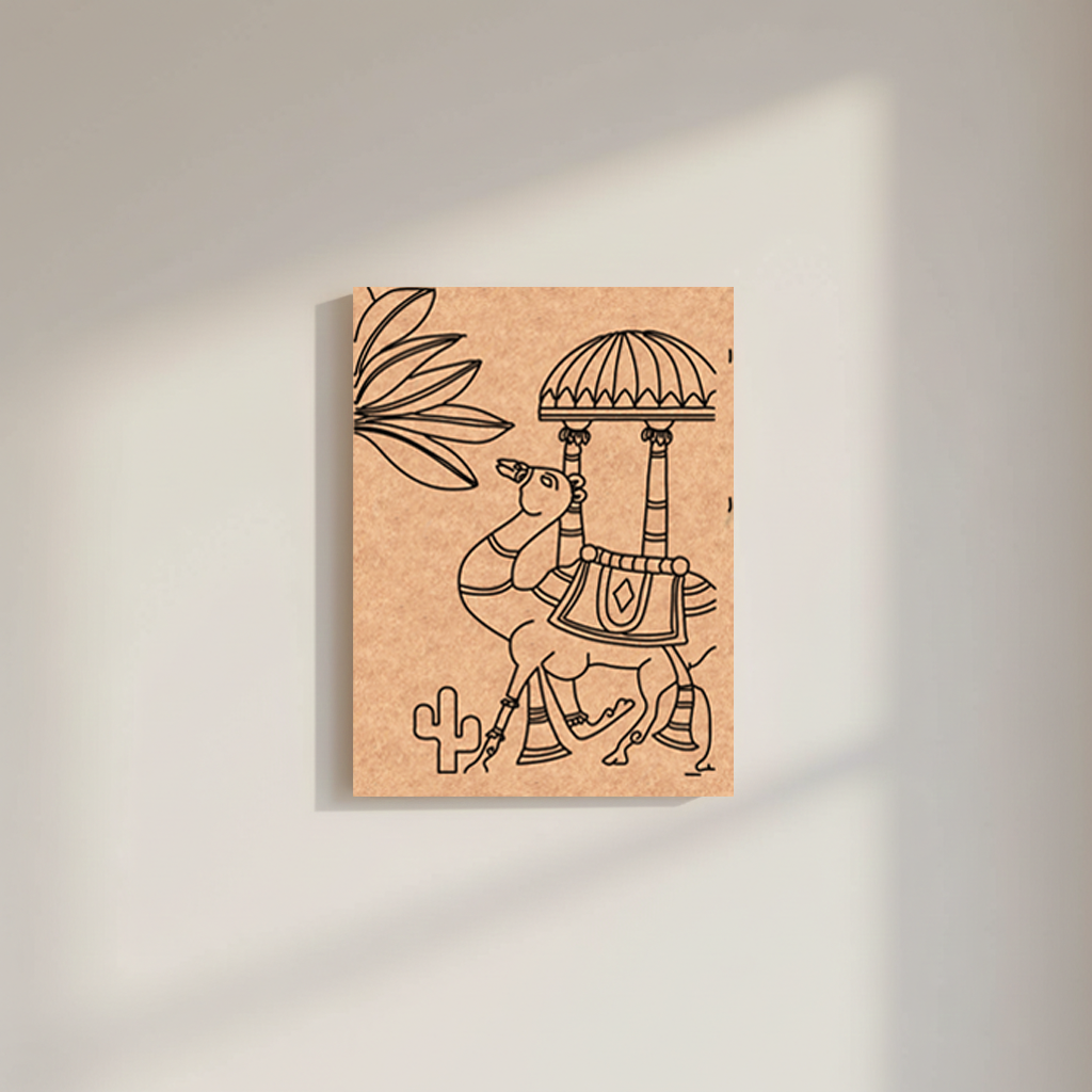 Decorative MDF DIY wall art with line drawing of a camel and umbrella on a beige background