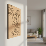Decorative MDF DIY wall art of a camel with a umbrella in a living room setting