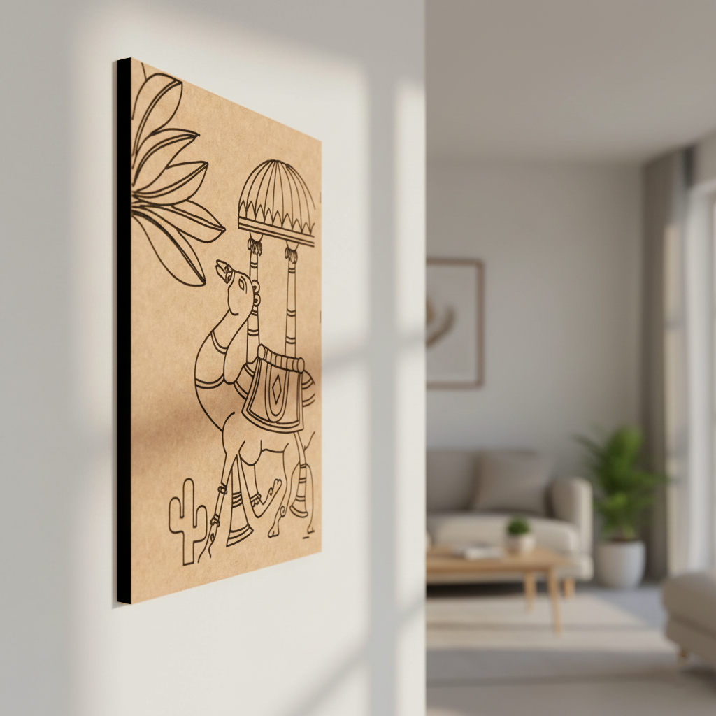 Decorative MDF DIY wall art of a camel with a umbrella in a living room setting