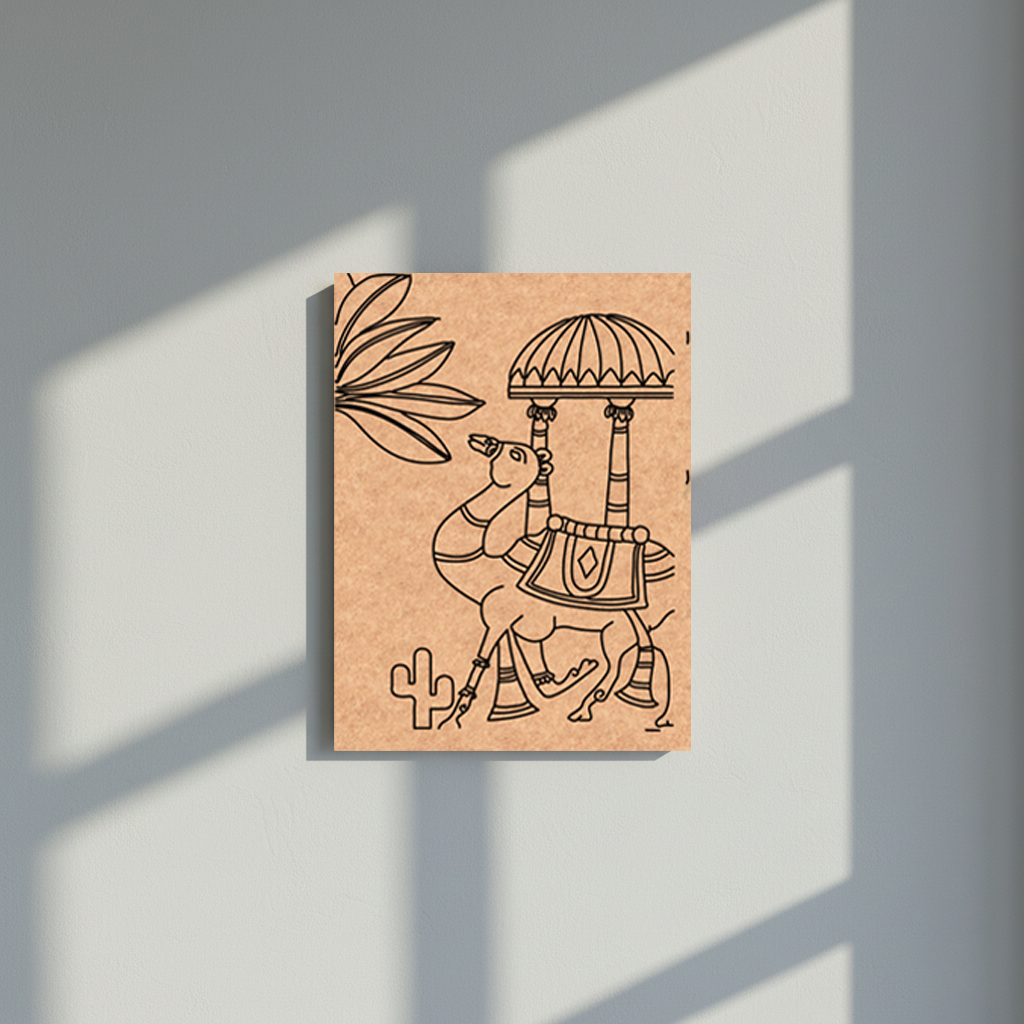 MDF DIY wall art with black line art design of a camel and umbrella on a gray background
