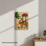 MDF DIY Canvas print of a colorful camel with an umbrella on a white wall.