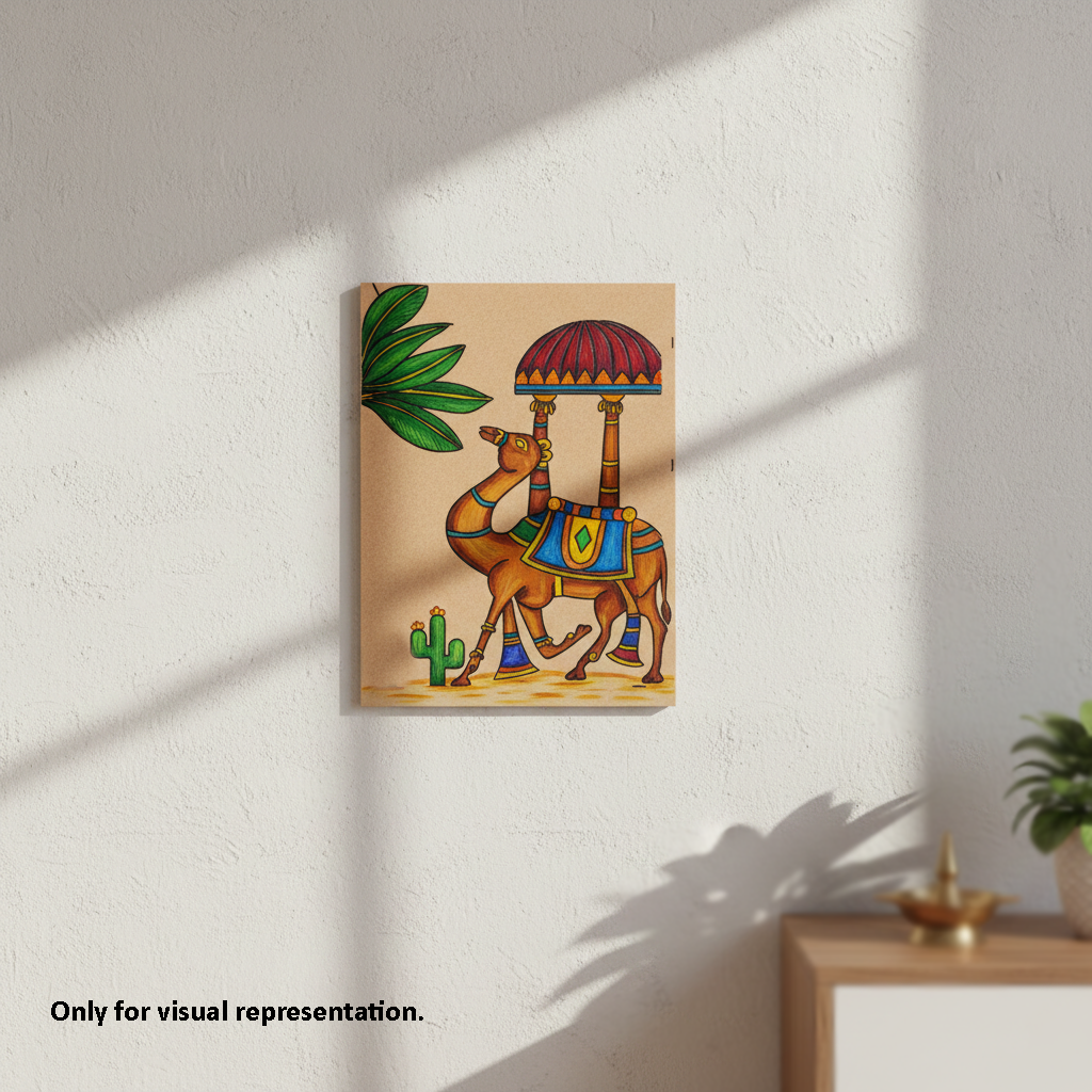 MDF DIY Canvas print of a colorful camel with an umbrella on a white wall.
