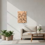 Abstract MDF DIY line art of two figures on a wooden panel in a modern living room.