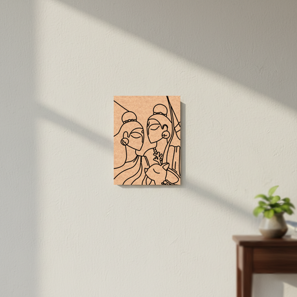 Minimalist MDF DIY line art of two people on a peach-colored background, framed in black, hanging on a light gray wall.