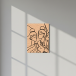 Canvas MDF DIY print with line art of two people on a beige background, casting shadows on a light gray wall.