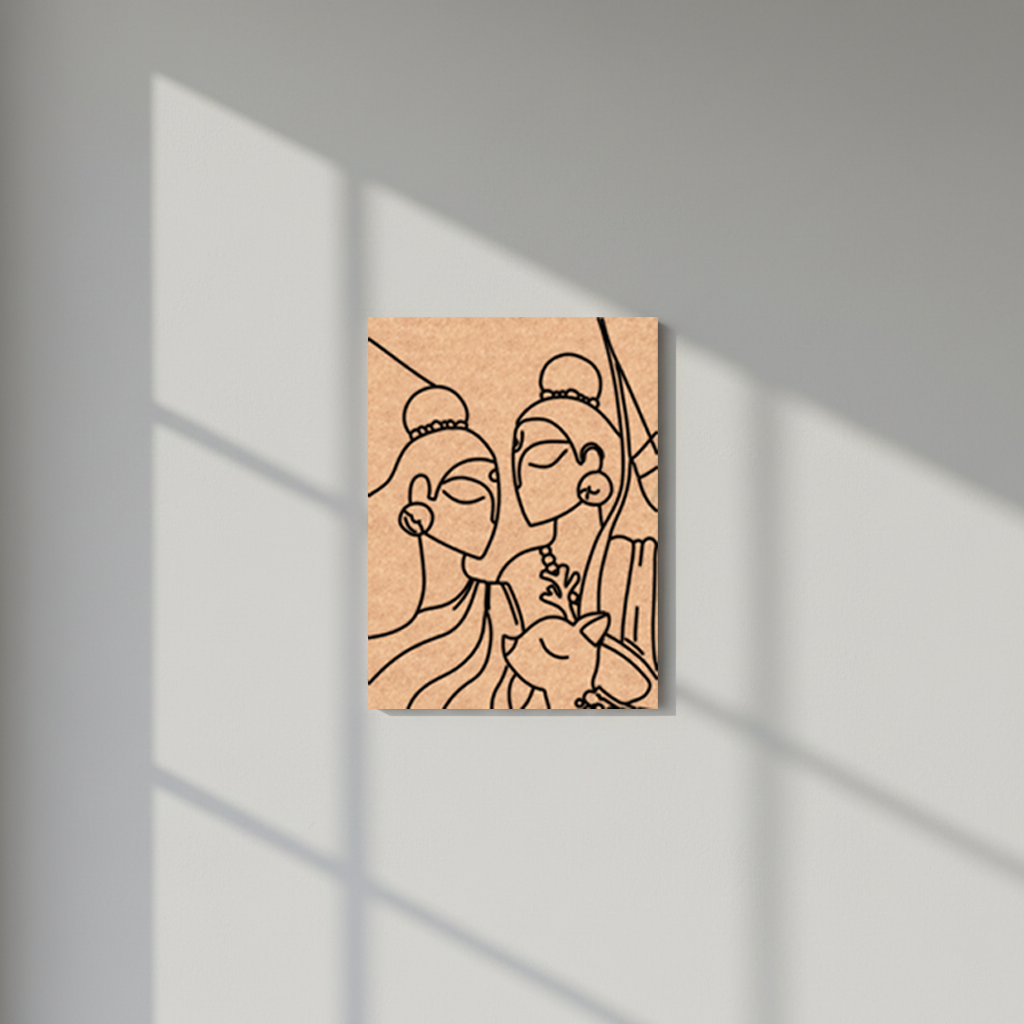 Canvas MDF DIY print with line art of two people on a beige background, casting shadows on a light gray wall.