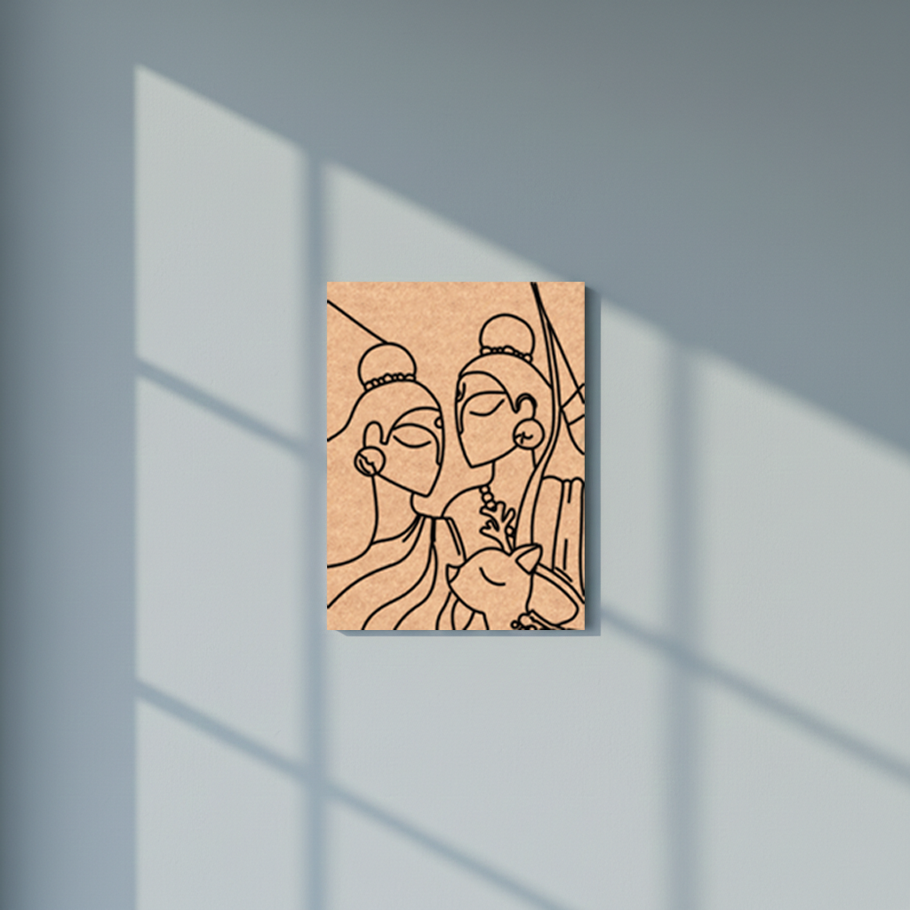 Minimalist MDF DIY line art of two figures on a beige background, framed by soft shadows on a light blue wall.