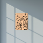 Minimalist MDF DIY line art of two figures on a beige background, framed by soft shadows on a light blue wall.