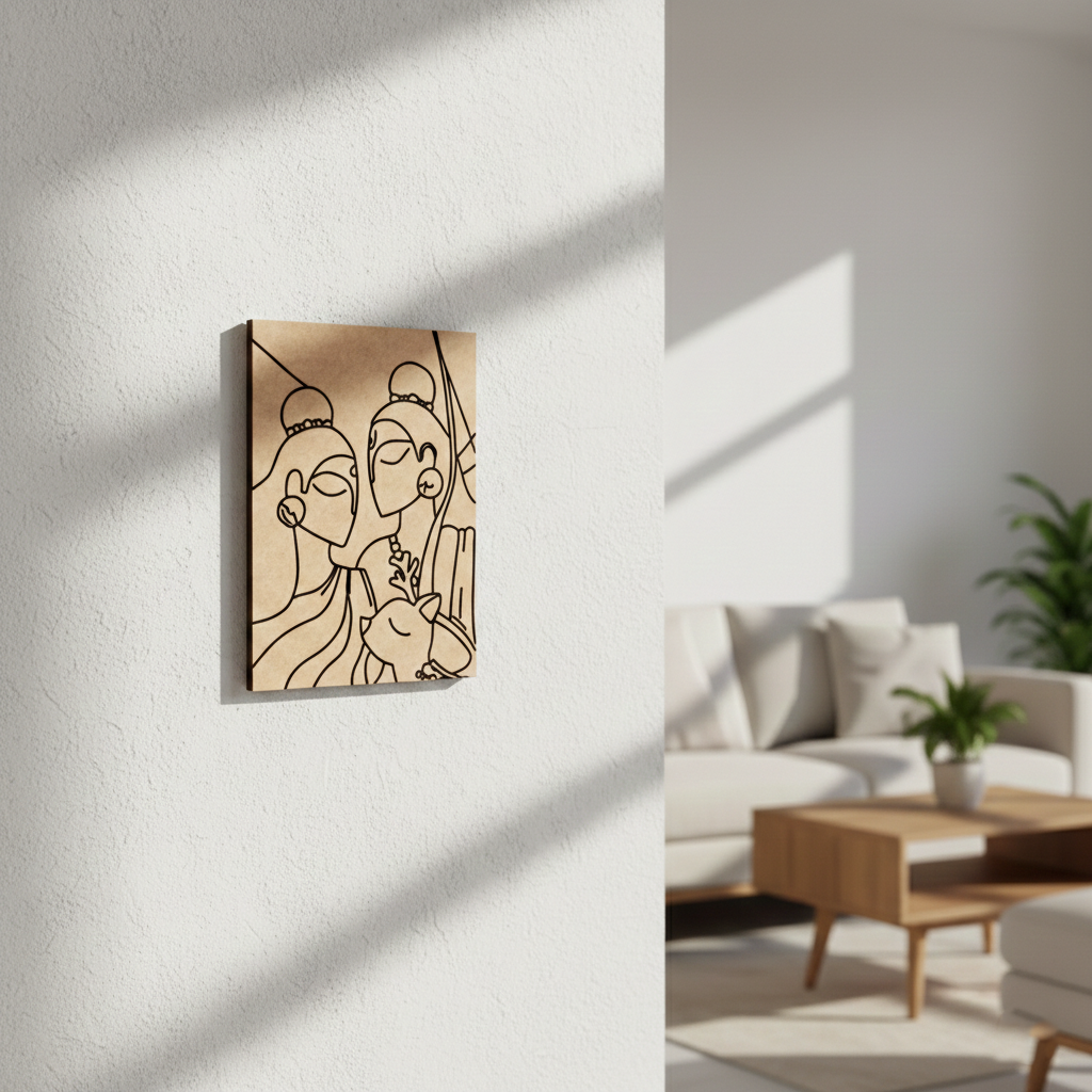 Minimalist MDF DIY wall art of two figures on a textured wall in a modern living room.