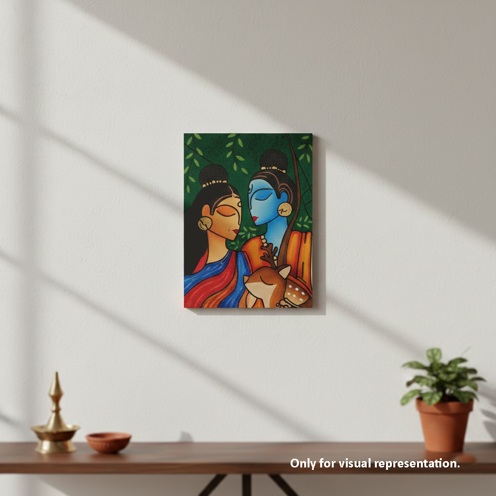 MDF DIY Colorful painting of two figures with a deer on a wall above a wooden table.