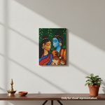 MDF DIY Colorful painting of two figures with a deer on a wall above a wooden table.