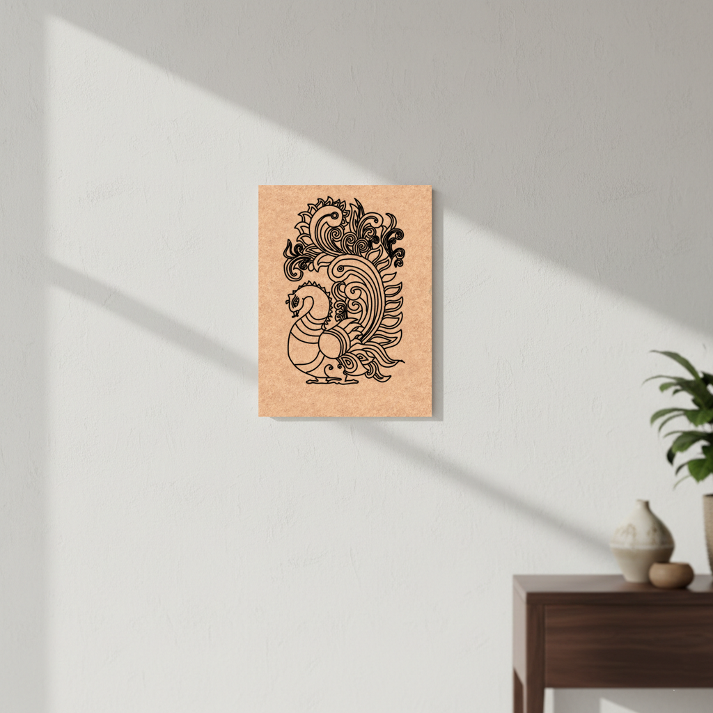 Decorative peacock MDF DIY wall art on a light gray wall with a wooden side table and plant in the corner.