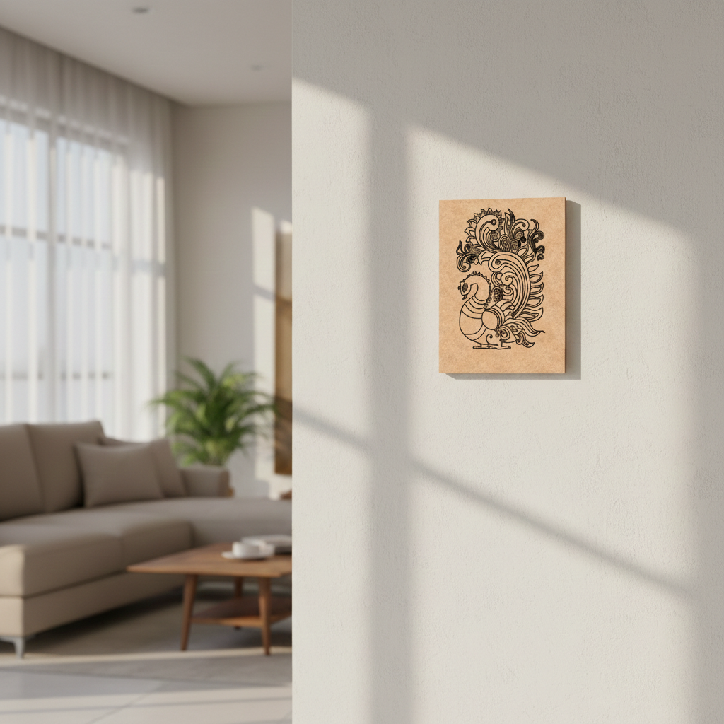 Decorative MDF DIY wall art on a light gray wall in a living room.