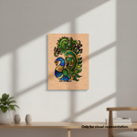 MDF DIY Colorful peacock illustration on a wooden panel in a room with a table and plant.