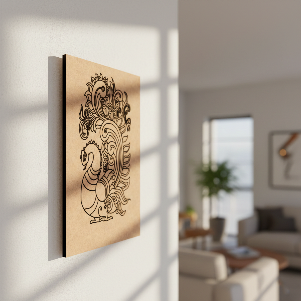Decorative MDF DIY wall art with a peacock design on a beige background in a living room.