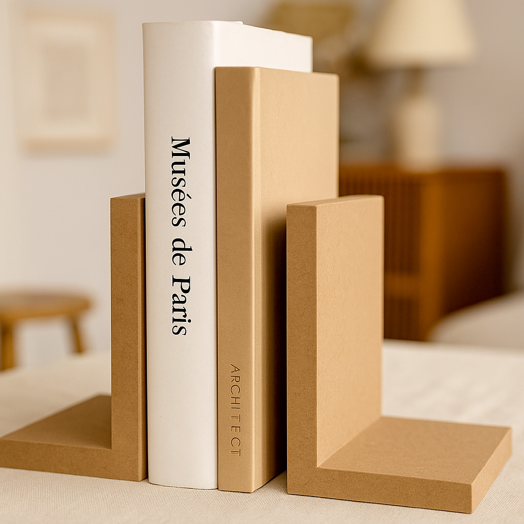 Plain MDF bookends with two books – Minimalist MDF L-shaped bookends holding two books on a table.